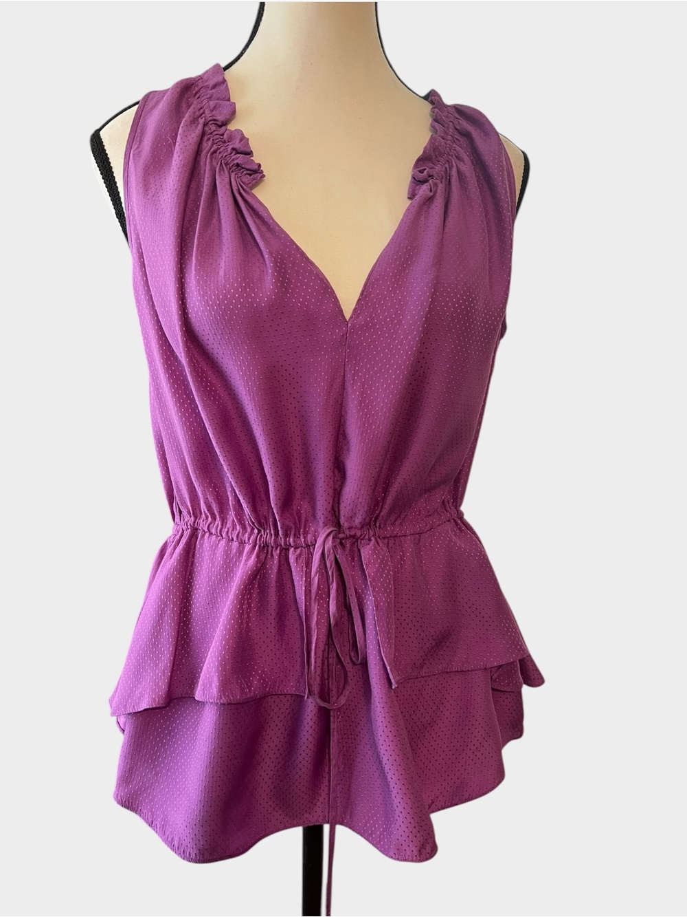 Rebecca Taylor 100% Silk Swiss Dot Ruffle Peplum Blouse Purple Size 2